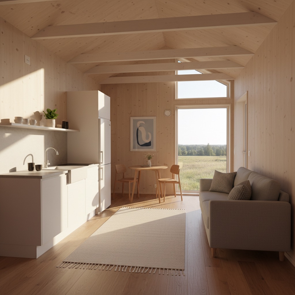 Ljus och modern interiör i ett attefallshus med kompakt kök och sittgrupp