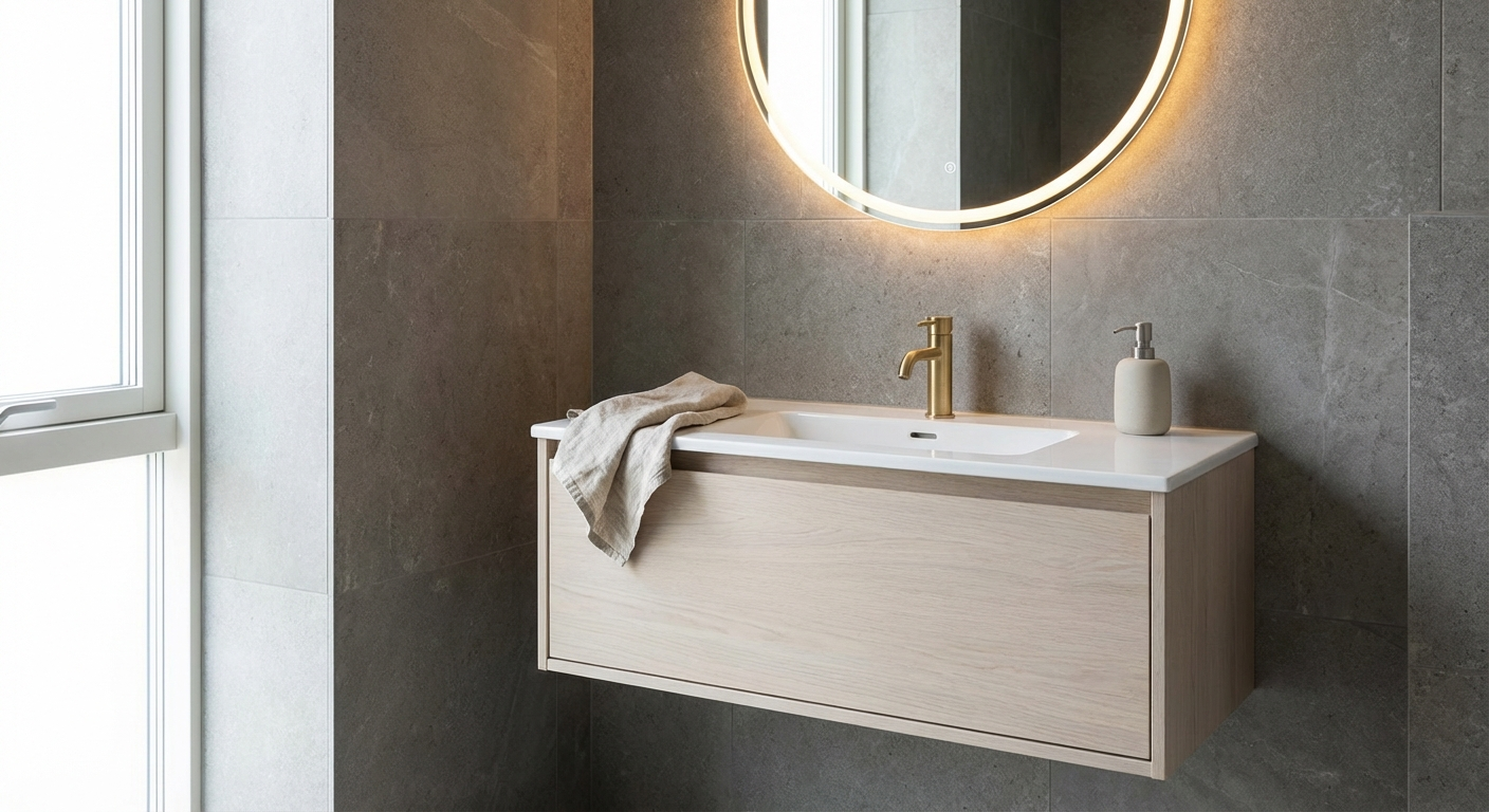 Vägghängd kommod och spegel med integrerad belysning