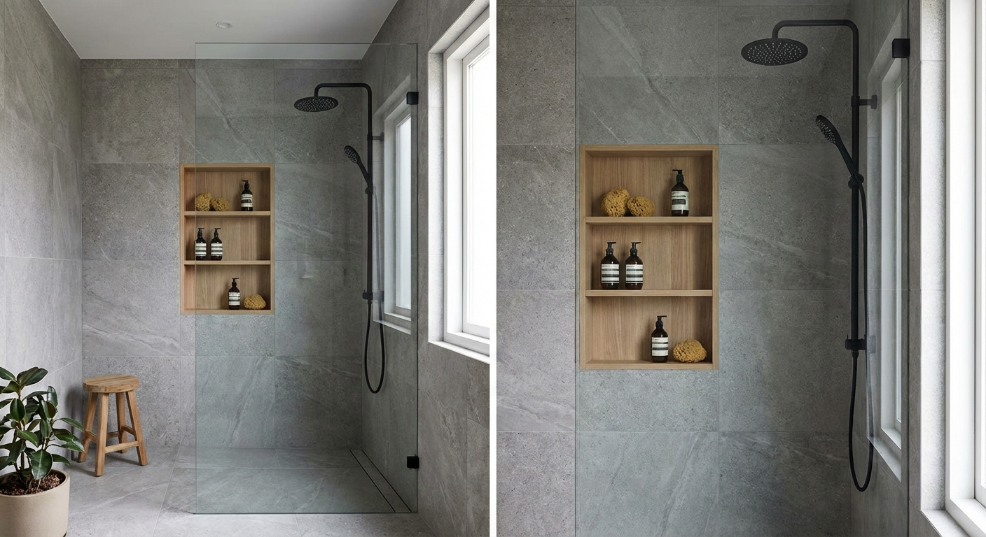 Walk-in dusch med nisch för förvaring och svart blandare